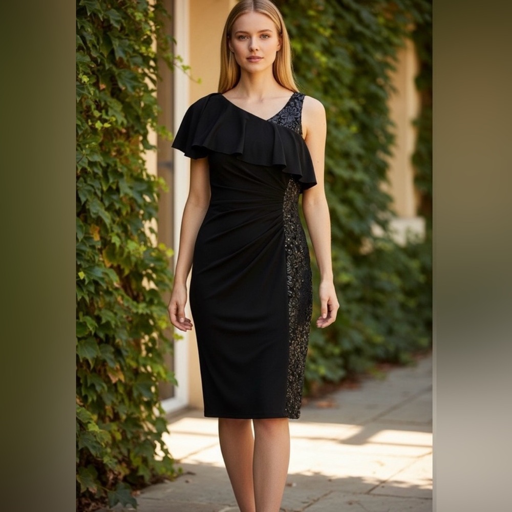 Ralph Lauren Black One-Shoulder Dress with Lace Panel